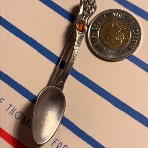 JJ Jonette Large Pewter Spoon VintagePin AmberStone Signed 3” #midcenturymodern